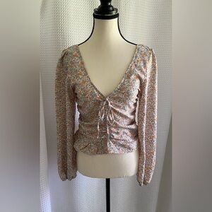 Women’s H&M Floral V-Neck Drawstring Blouse Stretch Back Ruched side small